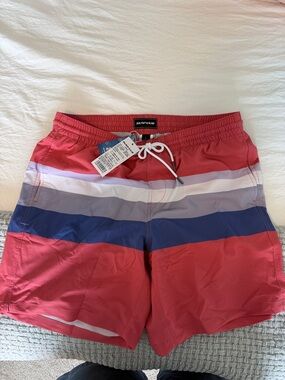 SurfCuz Men's Red Striped Swim Trunks